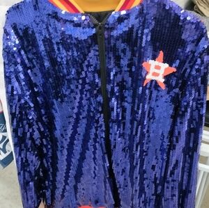 Blue Sequin Bomber Jacket with Orange Accents